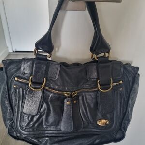 Black Leather Shoulder Bag with Gold Hardware